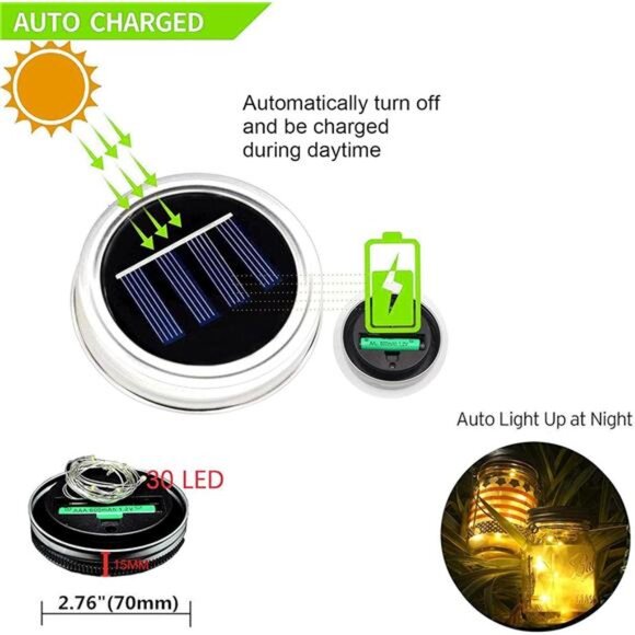 6 Pack Solar Mason Jar Lights for Outside, 30 LED Solar Mason Jar Lids Lights - Picture 2 of 7